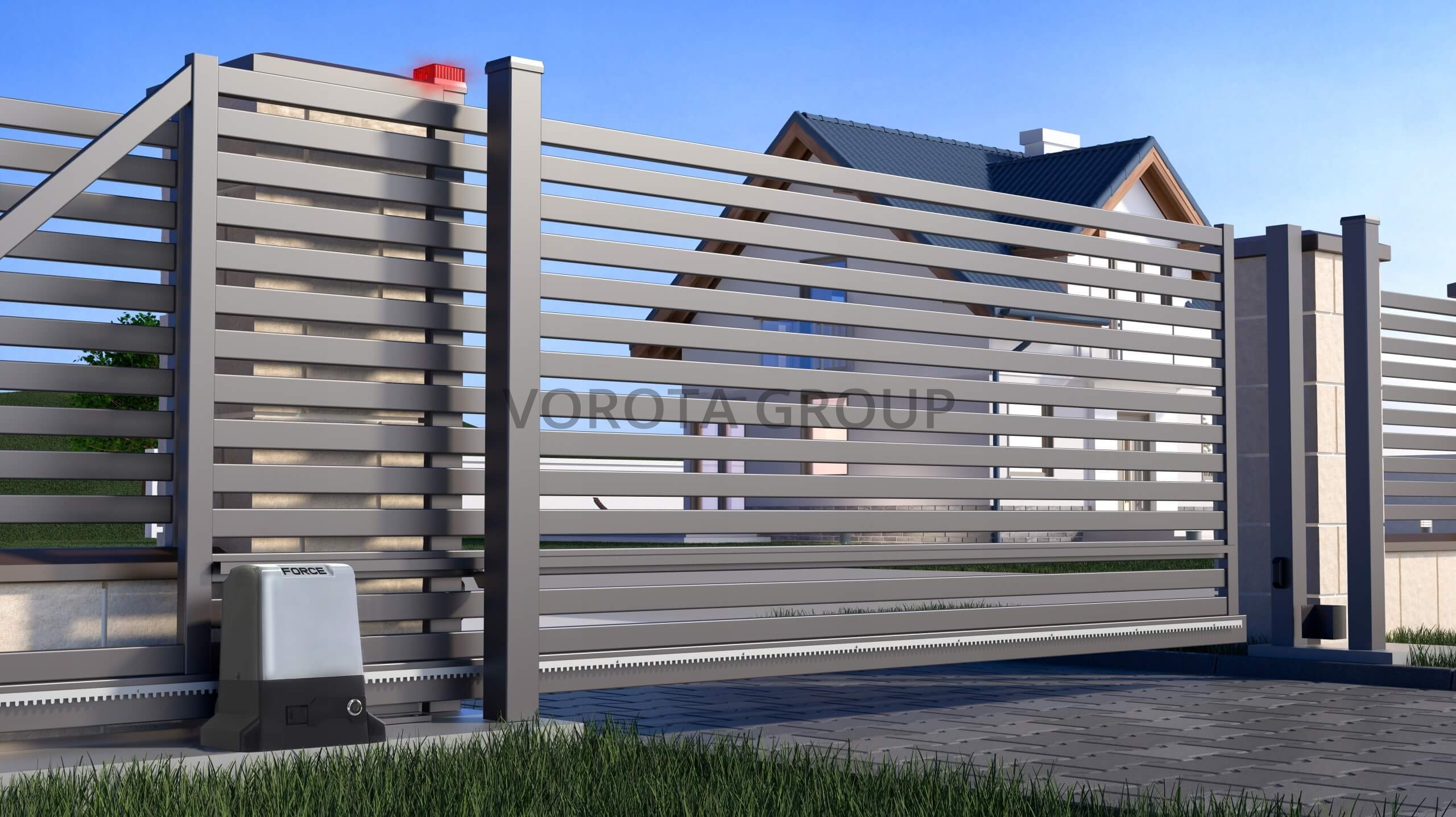 Автоматические откатные ворота Doorhan серые жалюзи 2300x2700
