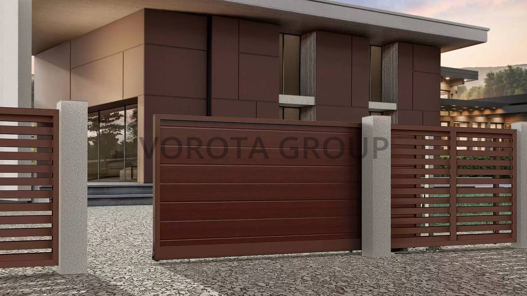 Автоматические откатные ворота Alutech коричневого цвета 2400x2950